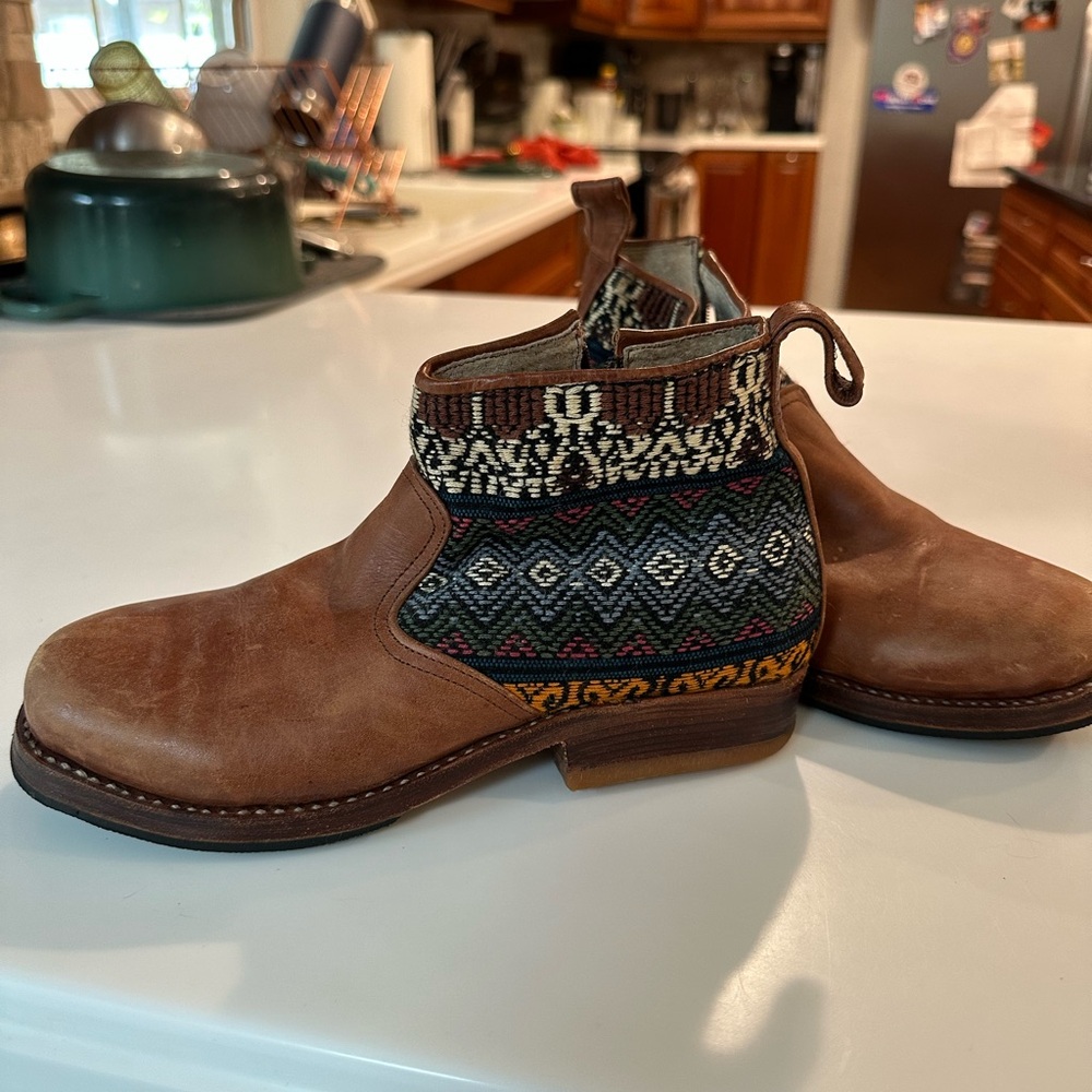 Teysha Custom Brown Leather Ankle Boots with Patterned Fabric